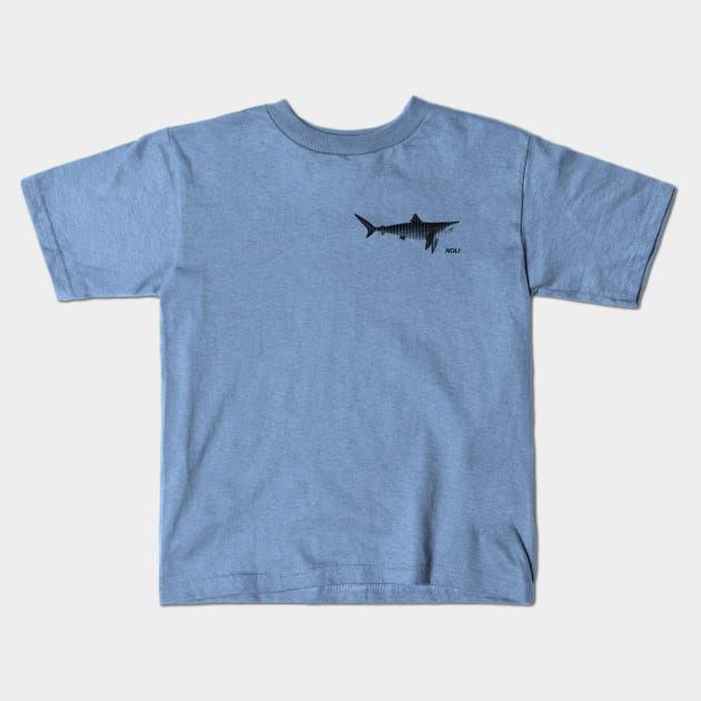 Minimalist black and white shark print Kids T-Shirt by NorthOfLongIsland